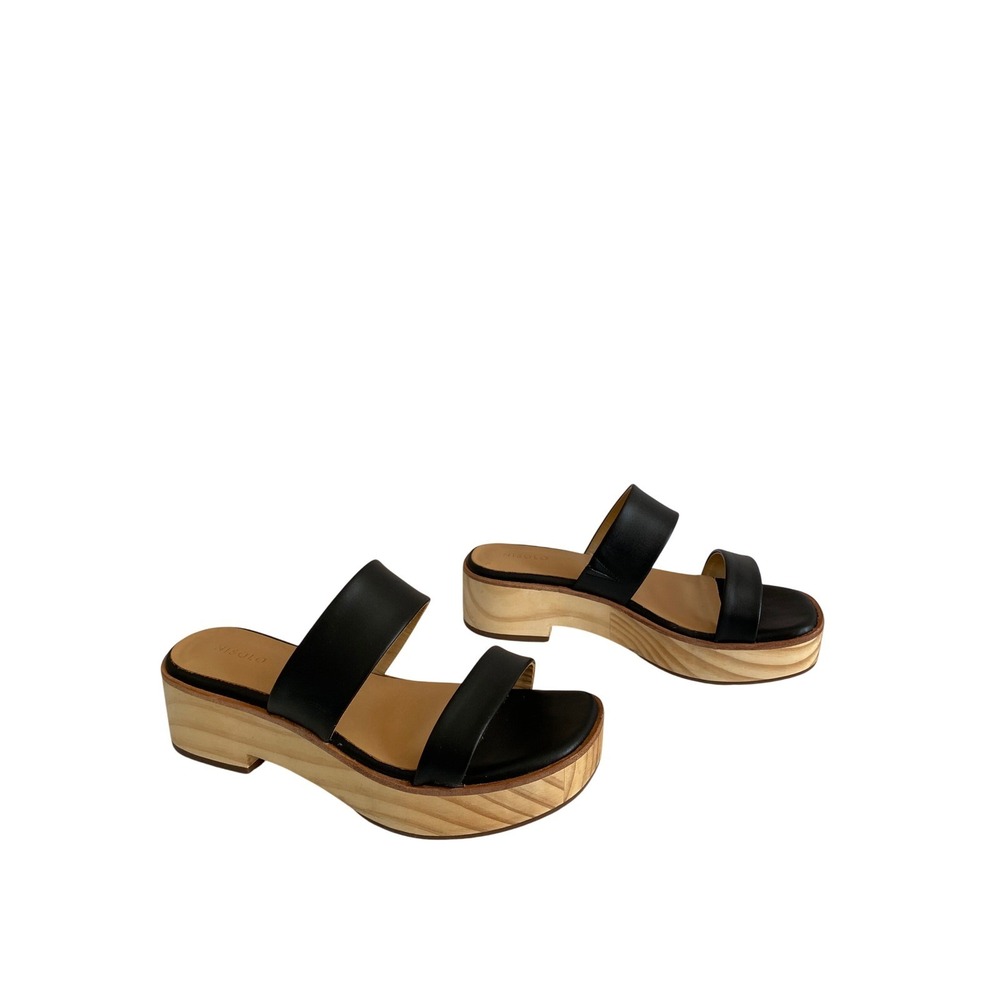 Nisolo NEW Double Strap Wood Bottom Heels Sandal Black Leather Slide Women 7.5
